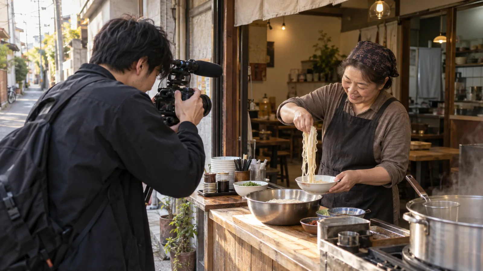 골목 식당의 조리 장면을 촬영자와 사장님이 함께 준비하는 매장 홍보 영상 제작 예시